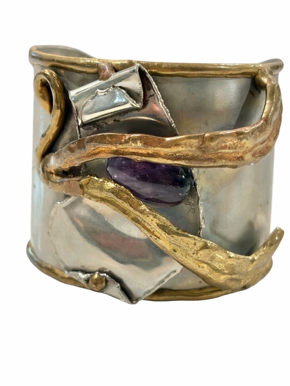 Artisan Mixed Metal Wide Cuff Bracelet  Modernist Amethyst Cabochon Statement